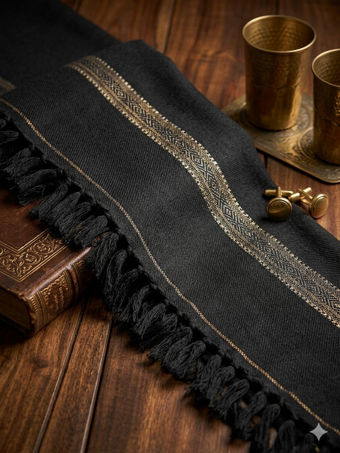 Men's Luxury Black Cashmere Shawl with Gold Border