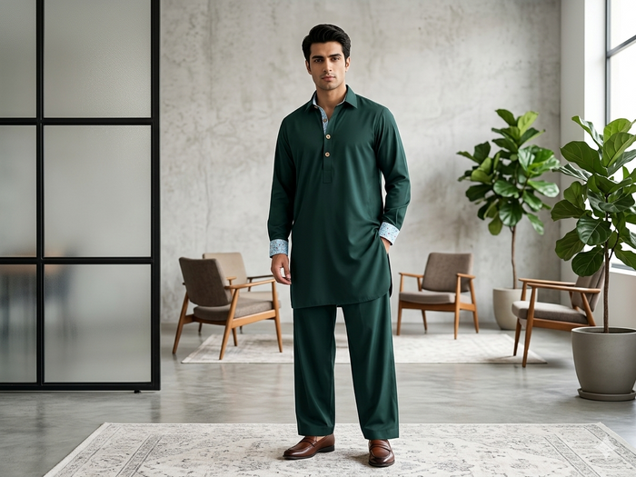 Men’s Luxury Bottle Green Kurta Pajama | Premium British Menswear