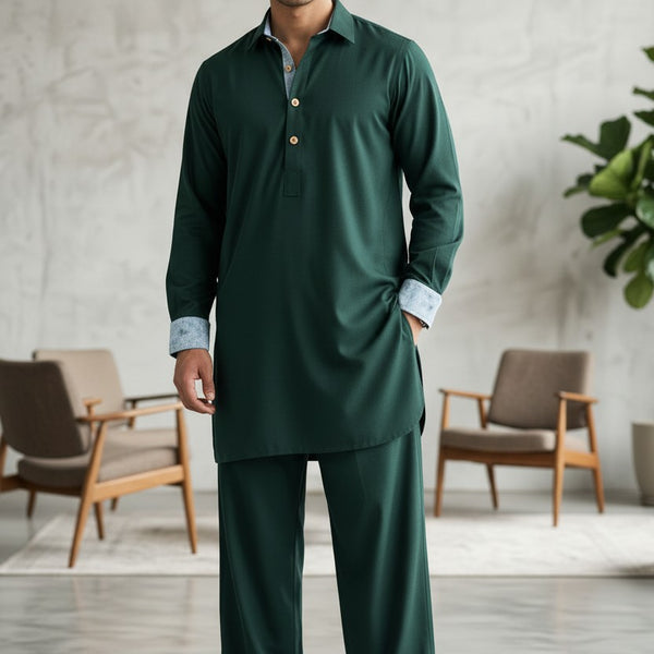 Men’s Luxury Bottle Green Kurta Pajama | Premium British Menswear