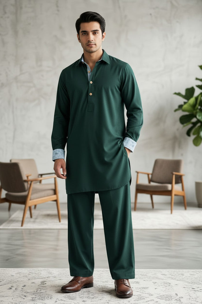 Men’s Luxury Bottle Green Kurta Pajama | Premium British Menswear