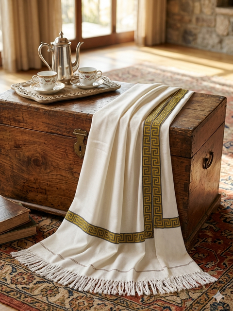 Luxury Men's Off-White Cashmere Shawl with Greek Key Border