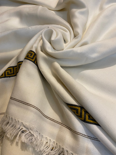 Luxury Men's Off-White Cashmere Shawl with Greek Key Border