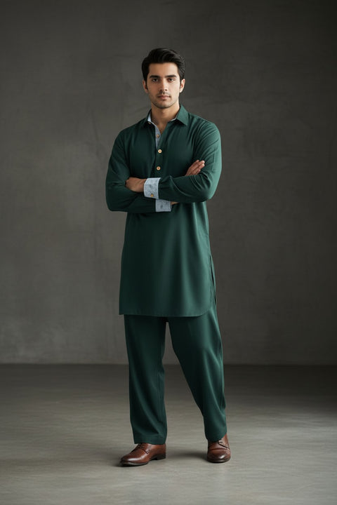 Men’s Luxury Bottle Green Kurta Pajama | Premium British Menswear